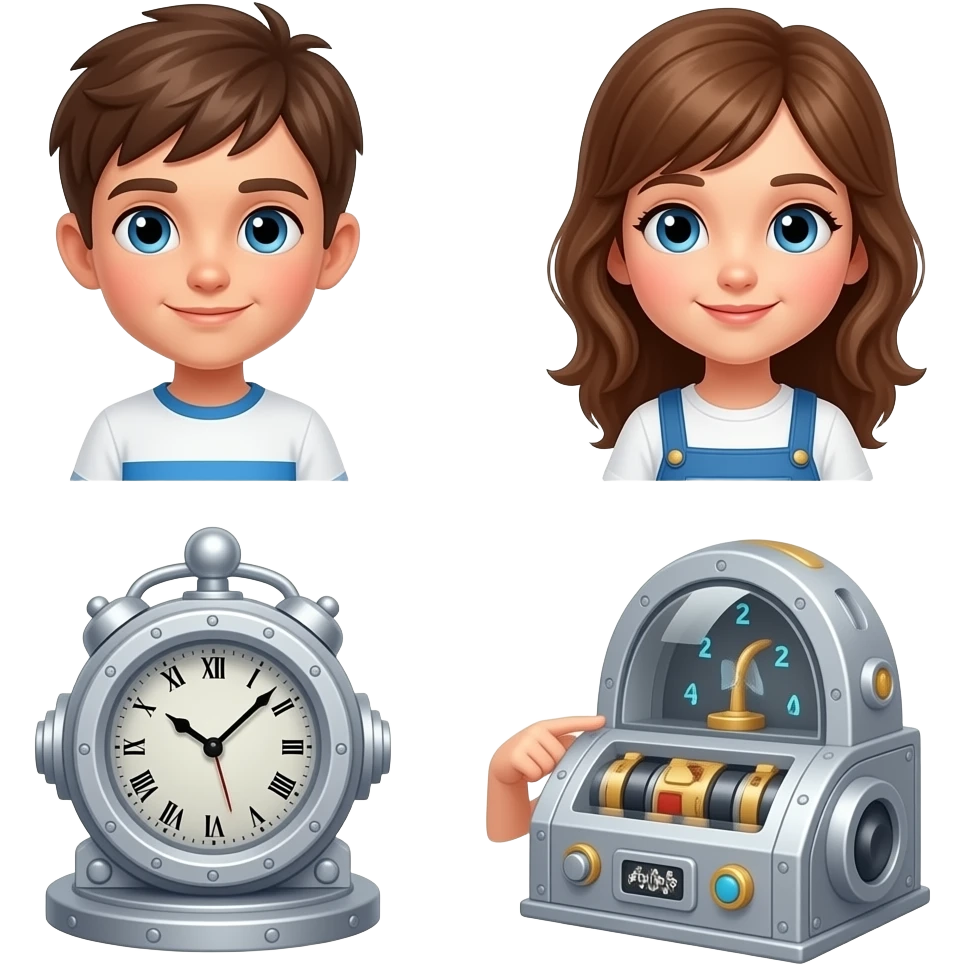 hacme una maquina del tiempo con un chico y una chica con ojos azules tocando la maquina del tiempo, la chica medio castanya con un peto de vestido i el chico castanyo con camiseta blanca y una raya azul emoji