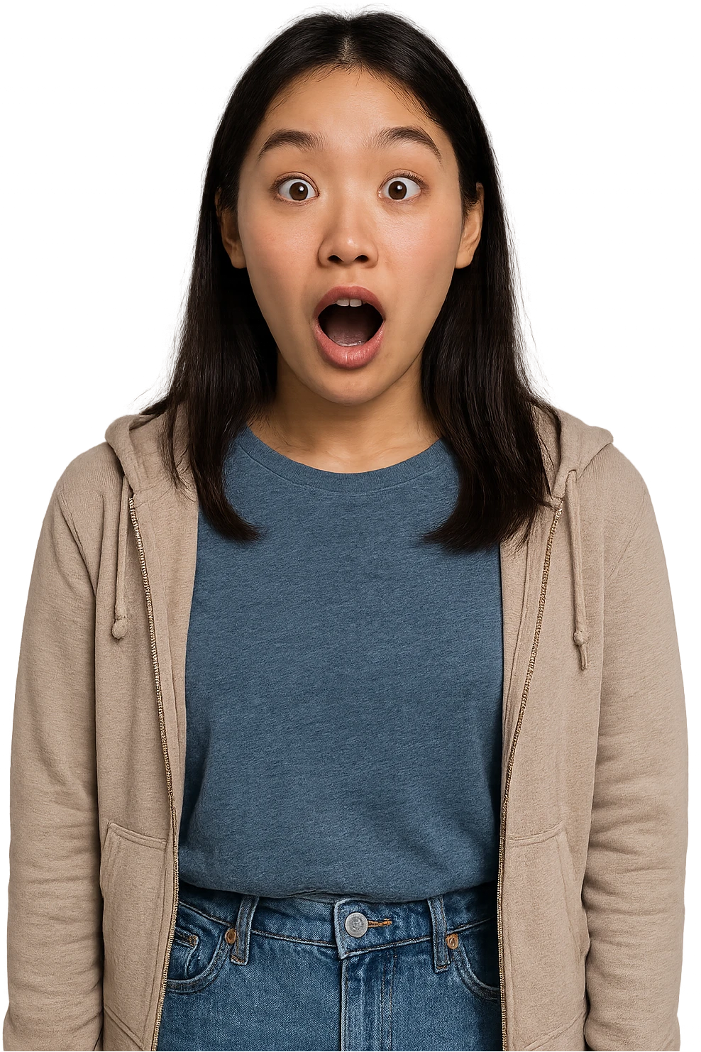 18-year-old Asian Finnish woman, surprised expression, modern casual style, clear facial features, no background emoji