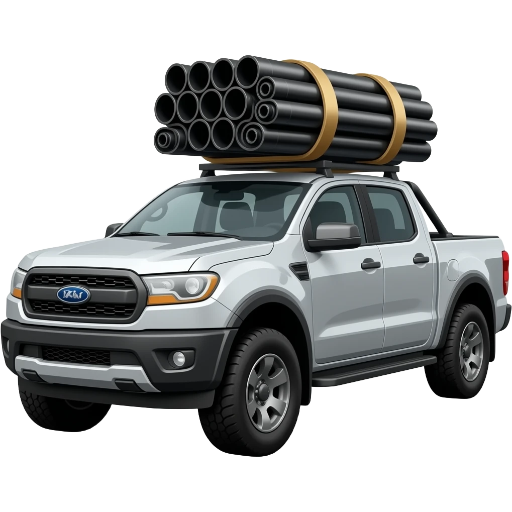 Modern Ford Pick up truck with branco logo with racking with a bundle of black pipe strapped on emoji