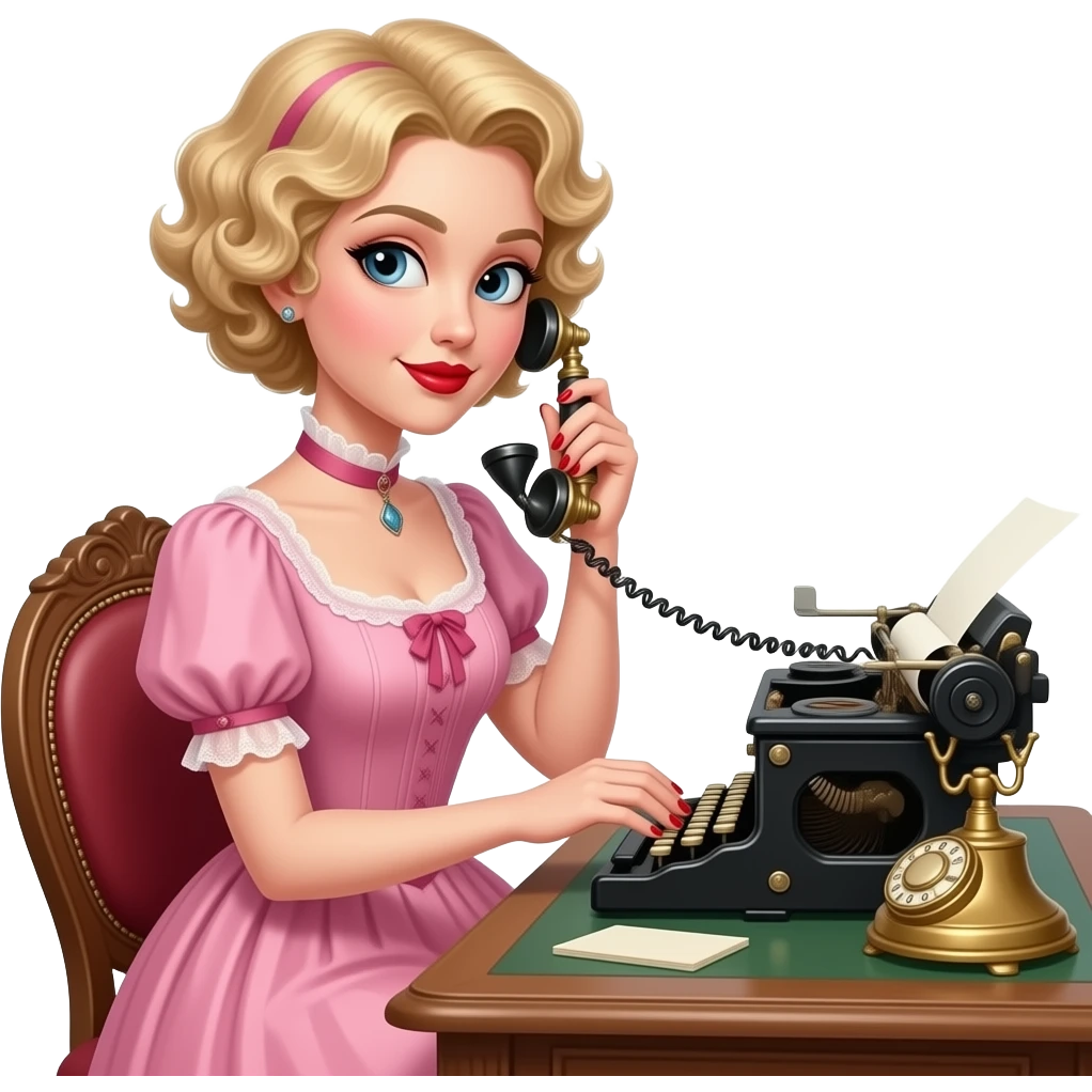 short blonde curly pixie bob hair in a 1800 pink outfit sitting down an antique desk in full view, antique phone, and typing on an antique typewriter with red lipstick, red finger nails and in a Victorian setting emoji