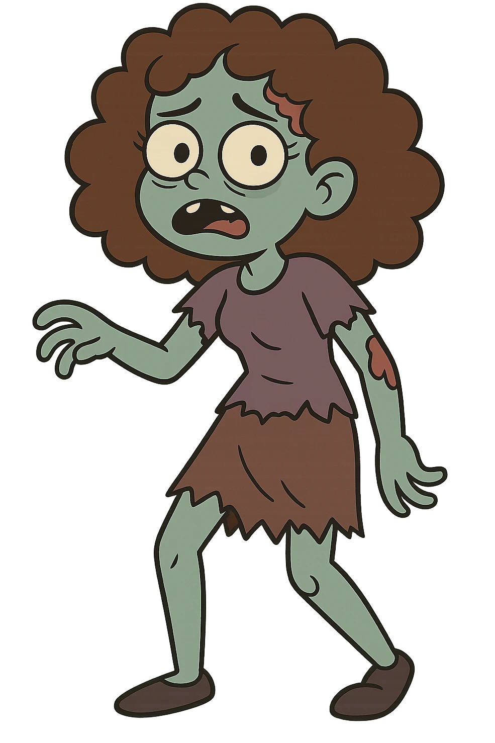 zombie girl with curly brown hair and brown eyes, cartoon style emoji