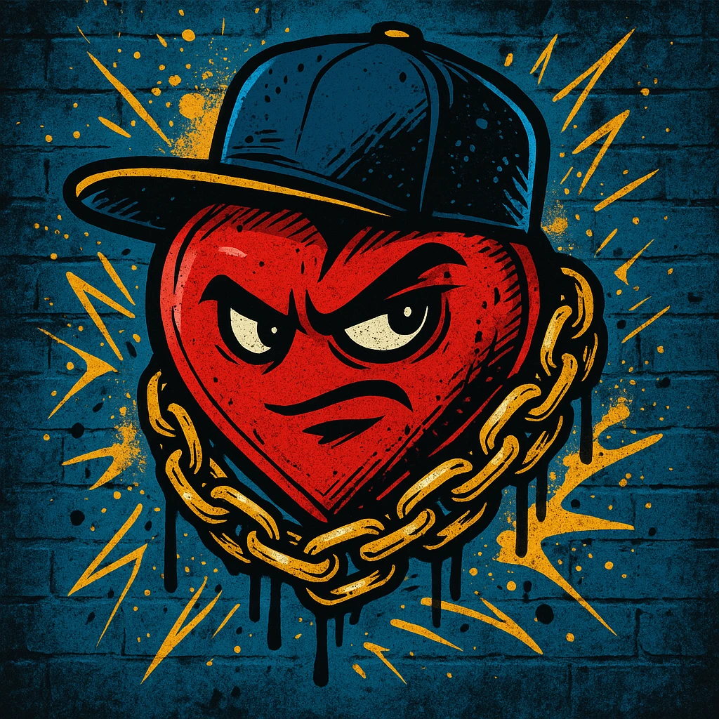 heart in rap style with hip-hop elements, chain, cap, bold look emoji