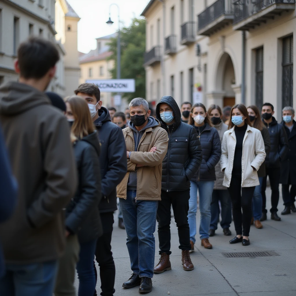 photo-realistic documentary style, diverse group of people in casual clothes in line at a vaccination center, some masked, clear 'Vaccinazioni' sign, urban or suburban, soft light, 4K resolution emoji