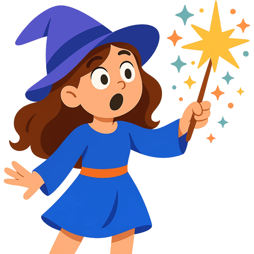 Make the brunette girl witch casting a spell look surprised, keep her whimsical and magical, vibrant toon style, no background. emoji