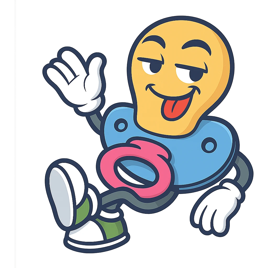 Create the pacifier character leaning back with one leg crossed over the other, relaxed mischievous expression, keeping the same style, colors, and personality as the reference image. Transparent background. emoji