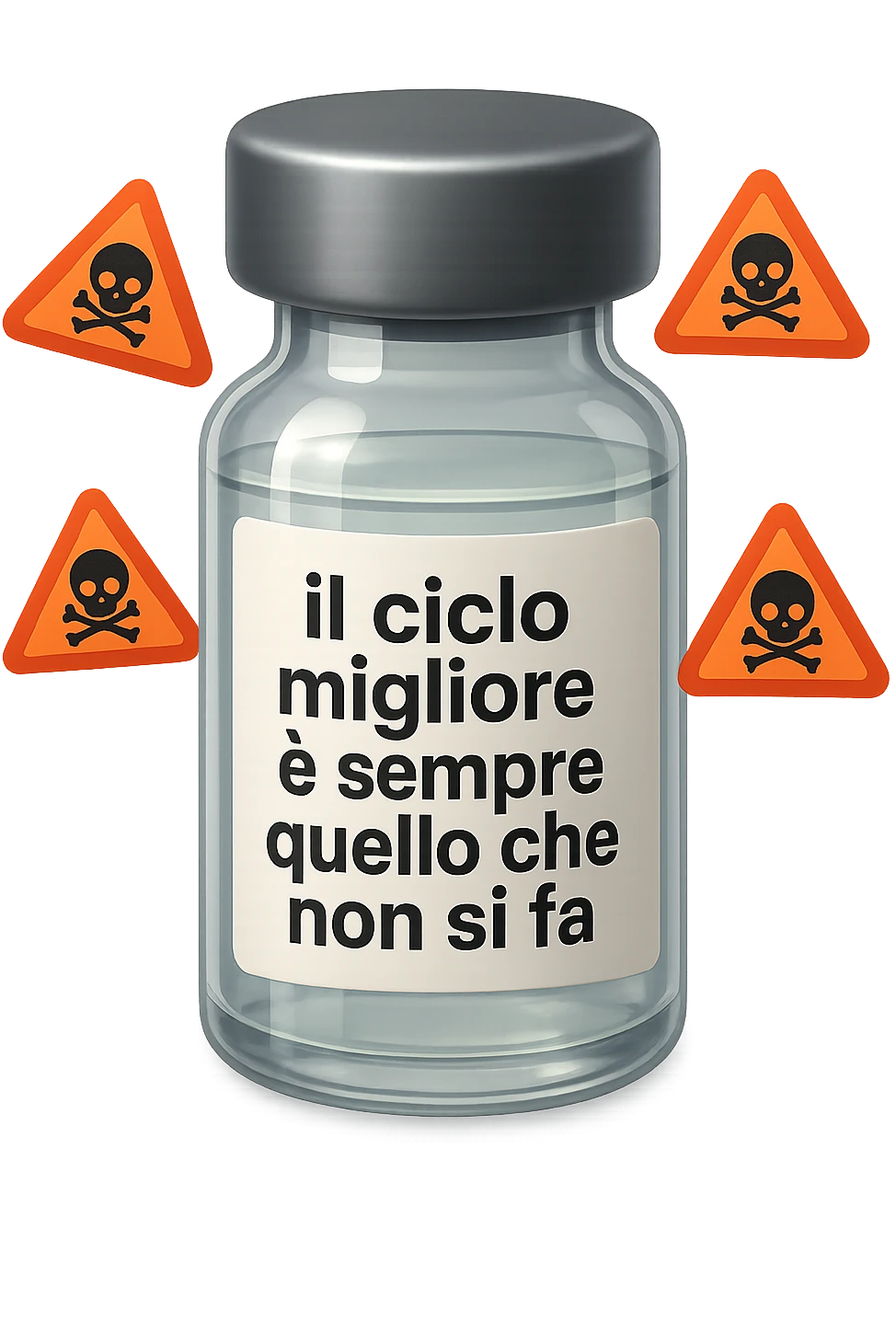 SU QUESTO STILE FAI UN EMOJI STILE IPHONE 3D DI UNa boccetta di fiala medica attorno alla quale fluttuano segnali di pericolo, sull'etichetta della boccetta c'è scritto "il ciclo migliore è sempre quello che non si fa", FALLO MOLTO REALISTICO IN 3D emoji
