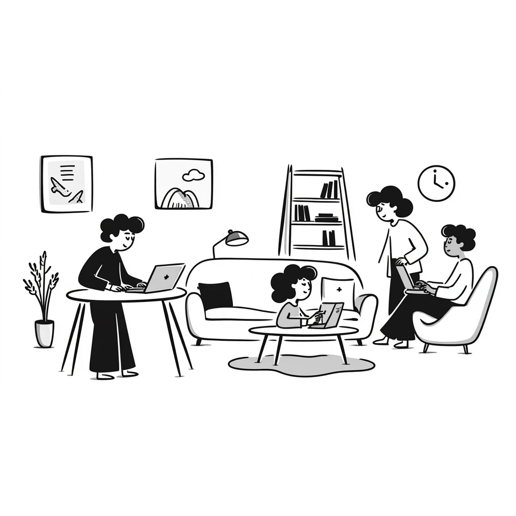 escenary 3d of a cozy mid-century living room with two people working on laptops, one man standing at a desk, and one woman sitting on a couch emoji