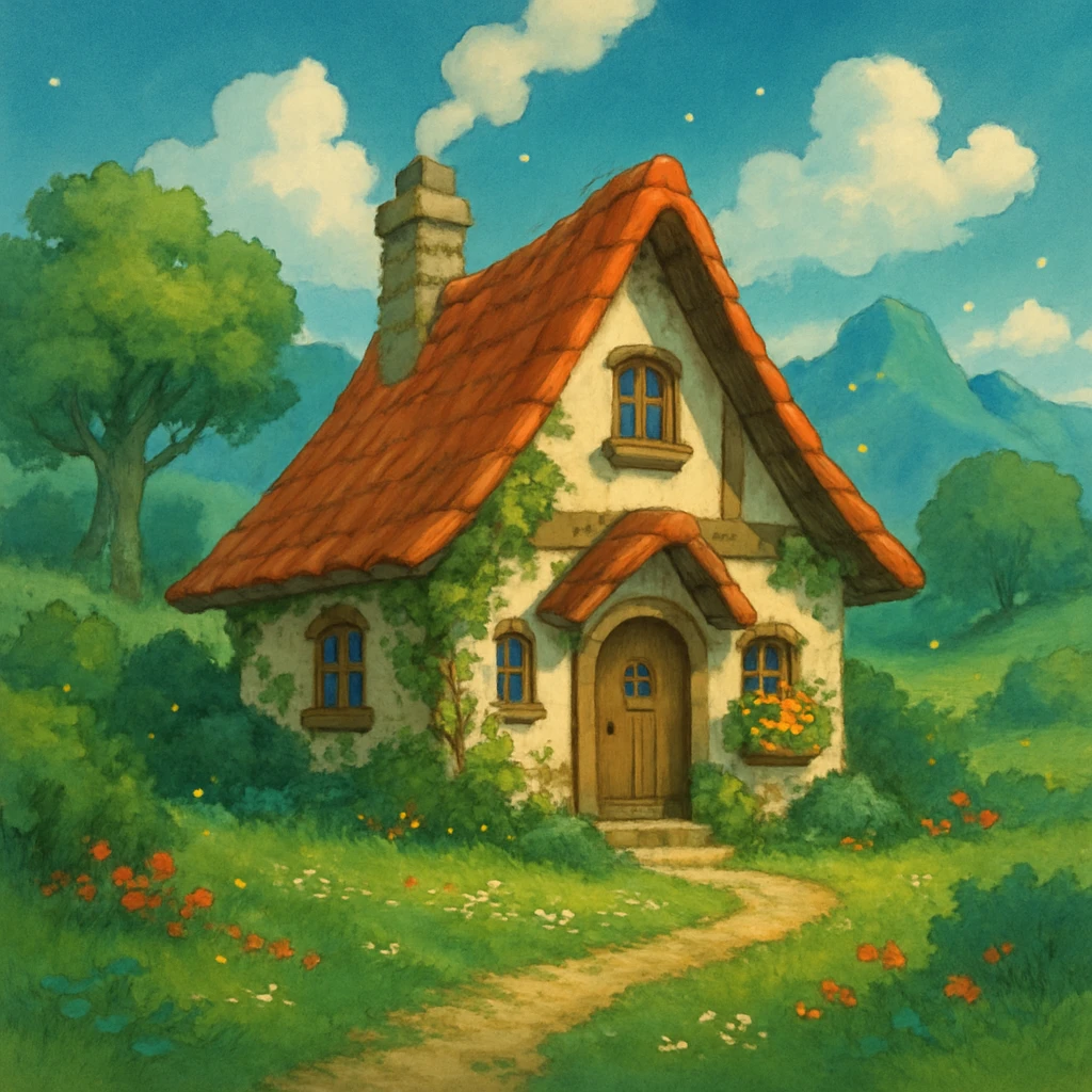 a cozy cottage in a magical landscape, ghibli style emoji
