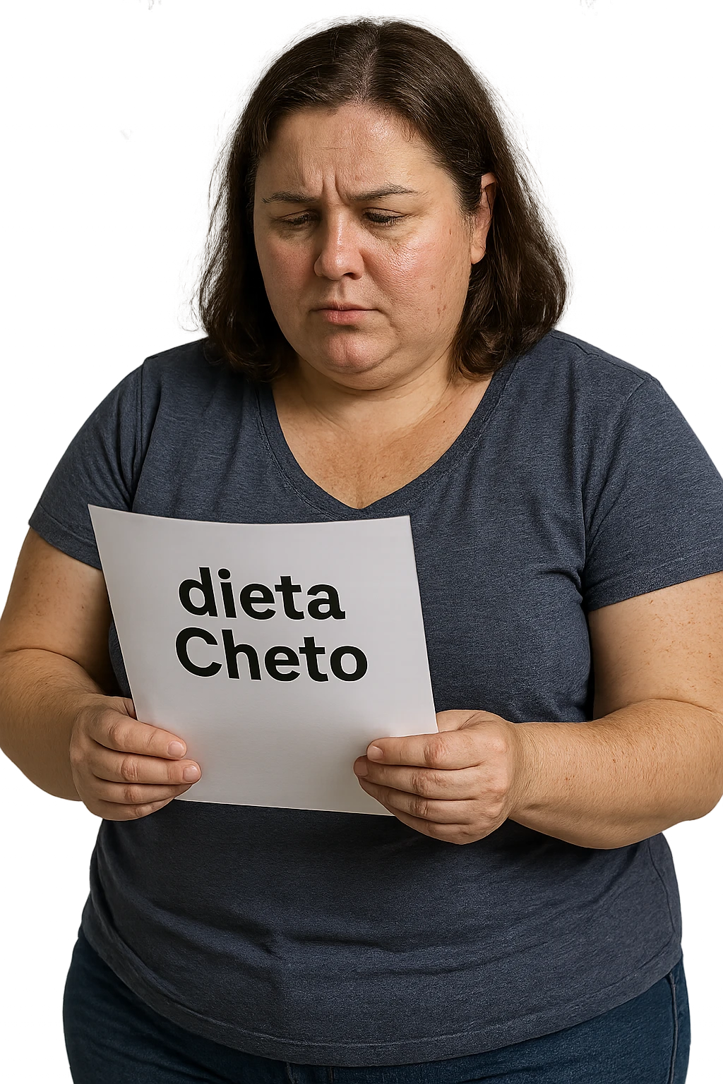donna realistica leggermente in sovrappeso che legge un foglio con la scritta "dieta Cheto", sfondo bianco, iperrealistica 4k, IPERREALISTICA 4K emoji
