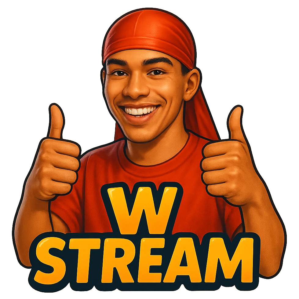 Make him Smiling With 2 thumbs up
Change His durag To Red
Add the words W Stream emoji