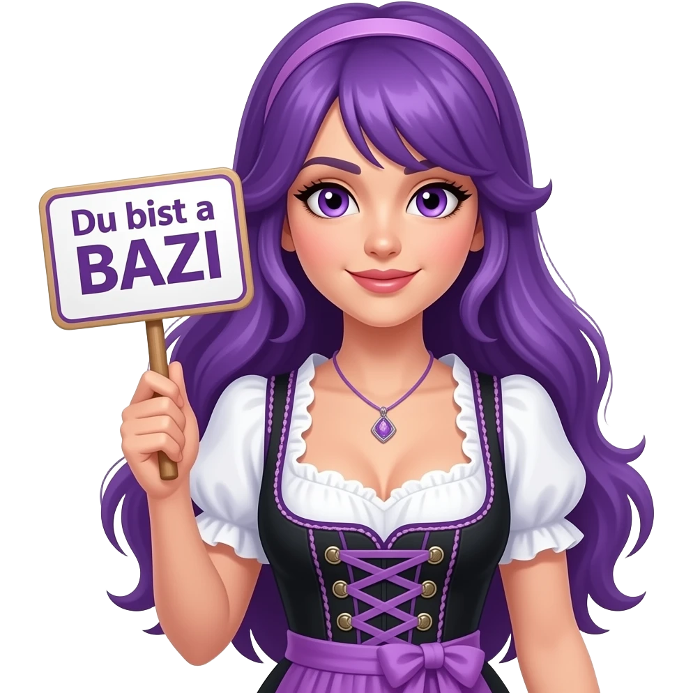 sexy girl with long purple hair and purple eyes wearing a dirndl holding a Du bist a BAZI sign emoji