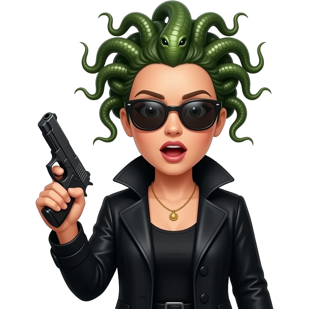 Surprised beautiful female Medusa in black coat with sunglasses holding gun emoji