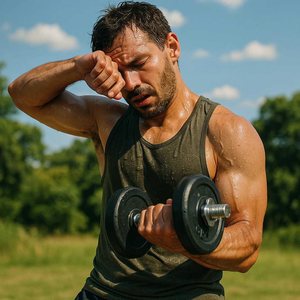uomo fitness che si allena in estate, tutto sudato, con una mano fa un curl manubri mentre con l'altra mano si asciuga il sudore dalla fronte, espressione affaticata in volto emoji