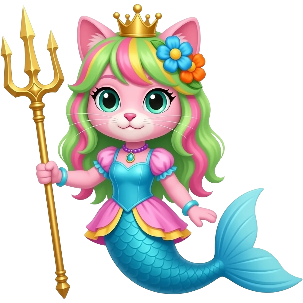 pink anthro cat  with pink and green and yellow hair blue flower orange flower golden crown with light purple necklace light cyan braclets cyan and pink and yellow dress with  attached to cyan  and light blue mermaid tail with dark blue fins holding a golden trident emoji