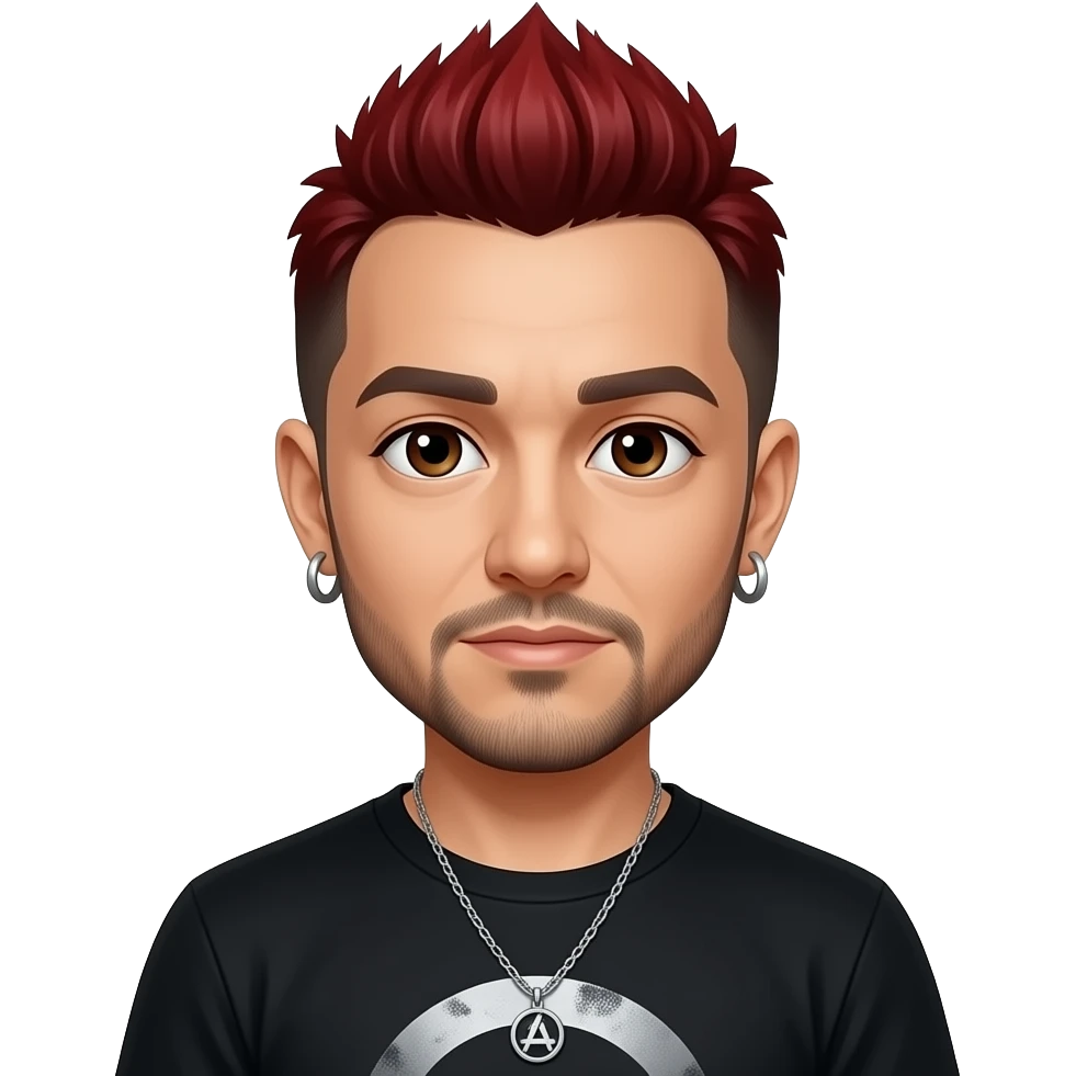 Mike Shinoda from Linkin Park with dark brown eyes, red spiked hair, black metallic t-shirt, necklace and earrings emoji