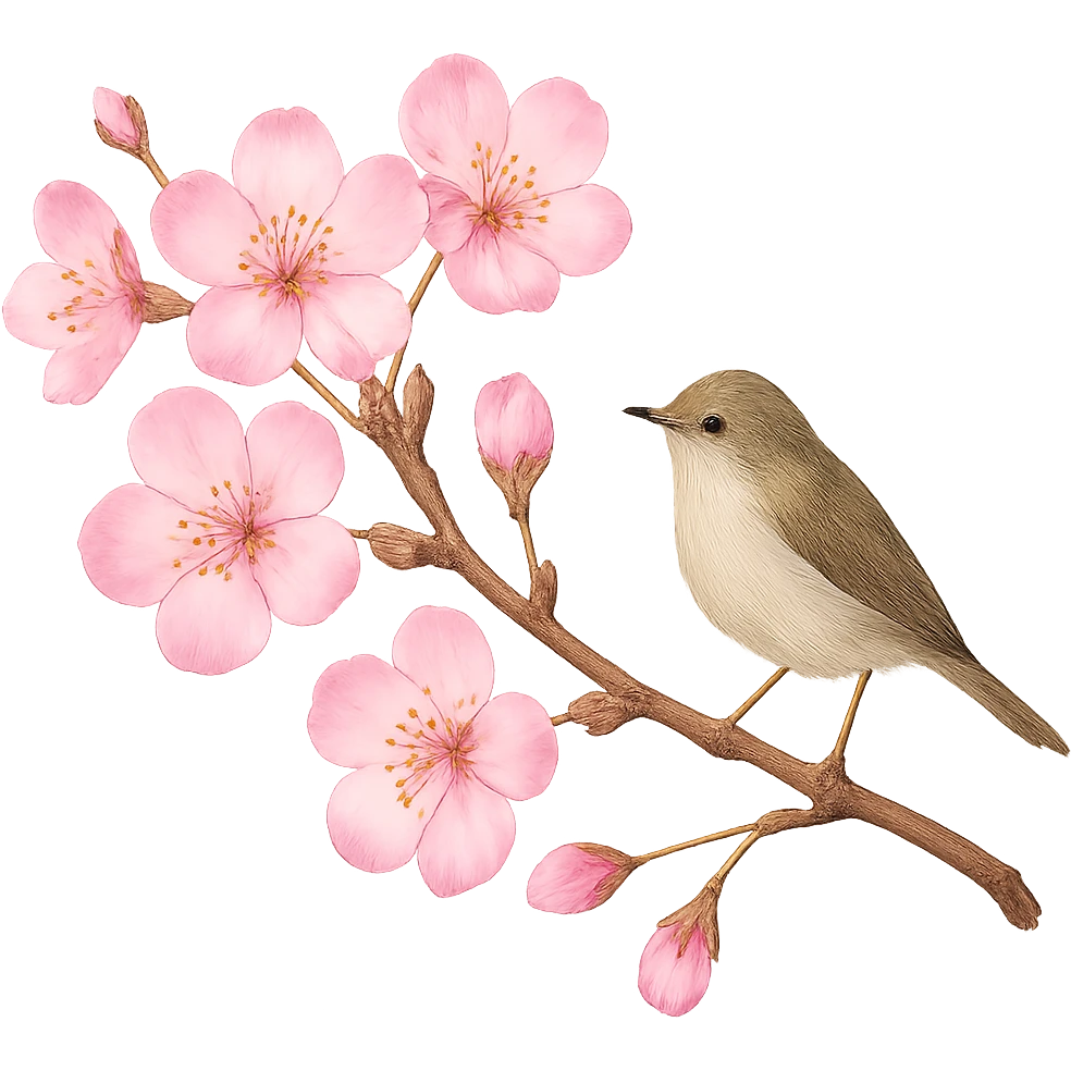 pink cherry blossom with a tiny bird, no background emoji