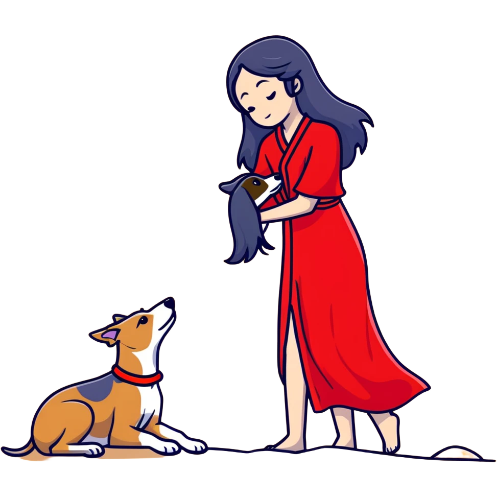 A beautiful 25-year-old Japanese woman with long flowing black hair wearing a stylish red beach dress, gently petting a PURE SOLID DARK GREY whippet with a bright RED COLLAR on a beach at night under a starry sky. The whippet MUST be 100% SOLID DARK GREY with ABSOLUTELY NO WHITE MARKINGS ANYWHERE - specifically NO WHITE on face, NO WHITE on chest, NO WHITE on paws - ENTIRELY ONE CONSISTENT SOLID DARK GREY COLOR throughout. Deep blue night sky filled with bright stars, moonlight reflecting on the ocean, sandy beach in the foreground. emoji