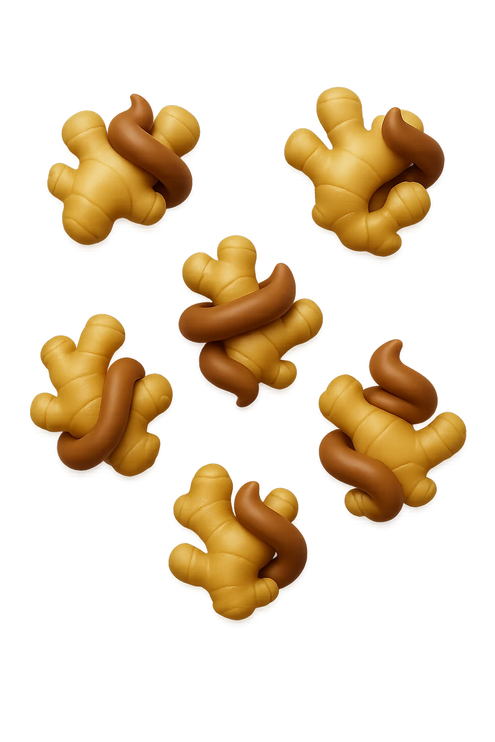 emoji stile iphone 3d di 6 piccoli pezzi di zenzero che fluttuano in aria con pezzi di colon arrotolati intorno, iperrealistico 4k emoji