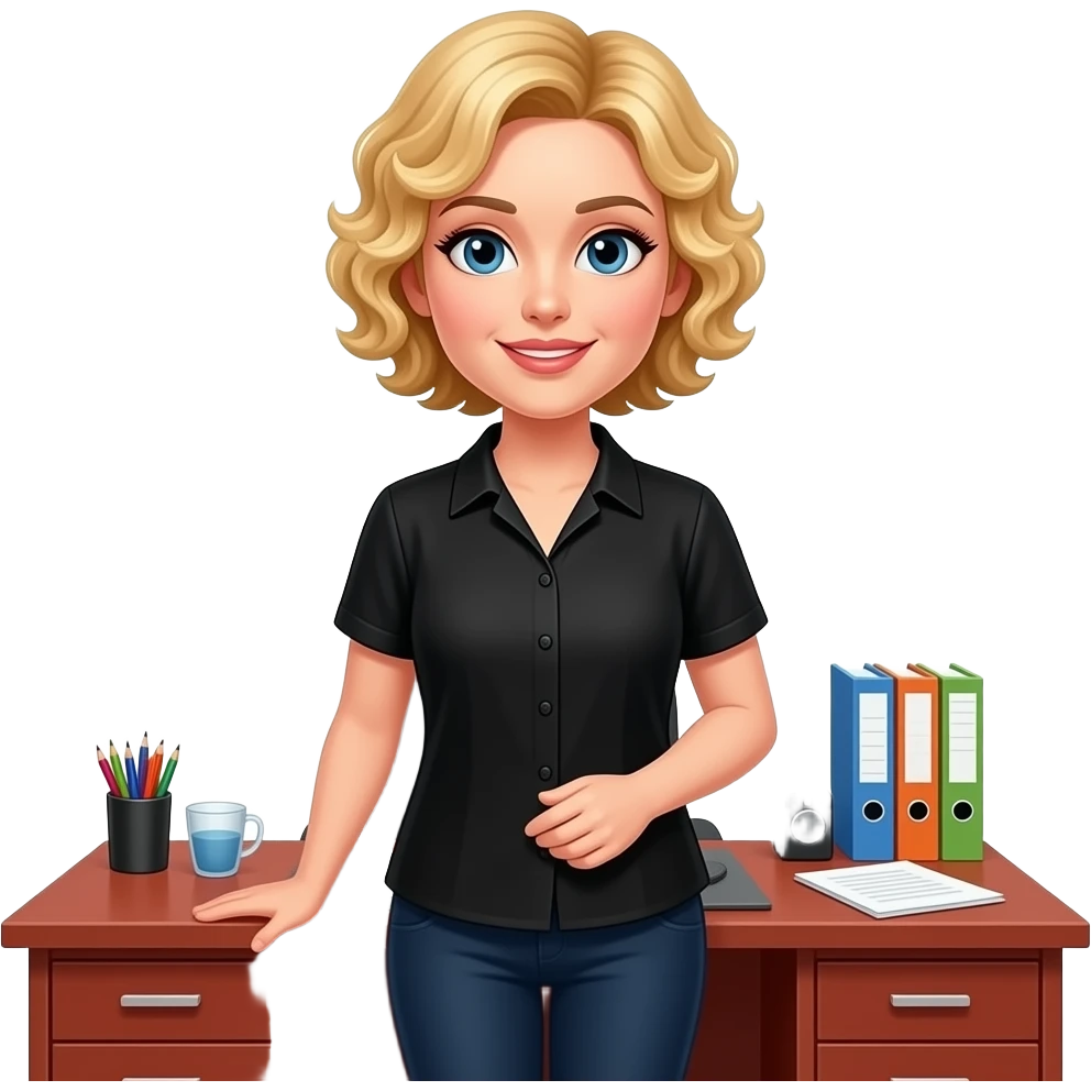 short blonde tight curly hair with office supplies on a red oak desk in a black short sleeve blouse emoji