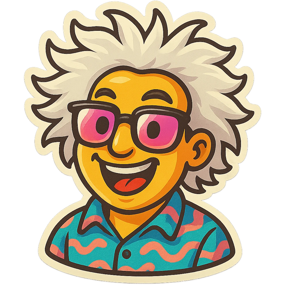 Create an emoji based on this person's appearance, focusing on the wild hair, glasses, and patterned shirt. Use a fun, expressive style suitable for emoji, in a retro stickers style. emoji