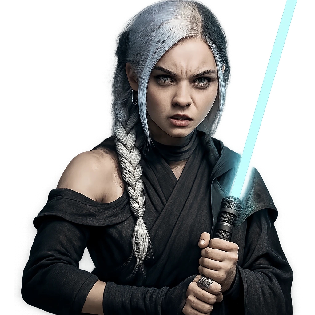  a closeup portrait of young woman with gold yellow eyes, white hair, long braid, black off-shoulder top, punk gothic style, futuristic cyberwave cyberpunk,  jedi attire and posture robes of a padawan, foreweilding a bright blue-green lightsaber, angry fierce face expression, power stance, 30-90 emoji