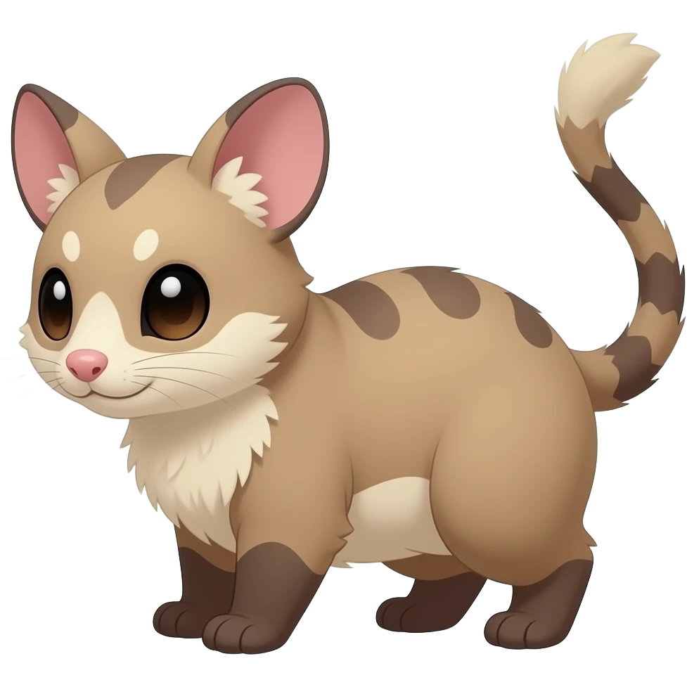 Greyish brownish beige ginger, soft realistic romantic vintage antique divine beautiful elegant pretty precious cute young youthful Fakémon-Pokémon-opossum-feline-mouse-serval-caracal-chinchilla-Minccino-Cinccino-Meowstic-rodent-hybrid-creature with a tufted tail (full body) emoji