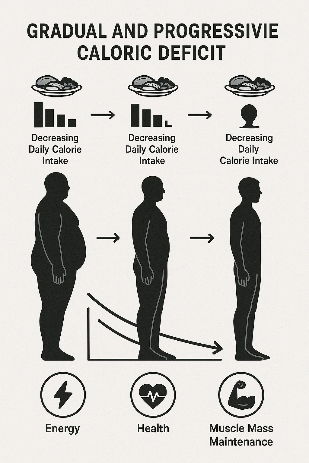 una sequenza di tre sagome umane affiancate, ognuna rappresenta una fase diversa di perdita di peso graduale. Sopra ogni figura, un piatto mostra porzioni di cibo bilanciate ma leggermente ridotte. Frecce e grafici illustrano una diminuzione lenta e costante dell’apporto calorico giornaliero, con icone che rappresentano energia, salute e mantenimento della massa muscolare. Sfondo pulito e moderno, con etichette chiare che spiegano “deficit calorico graduale e progressivo” emoji