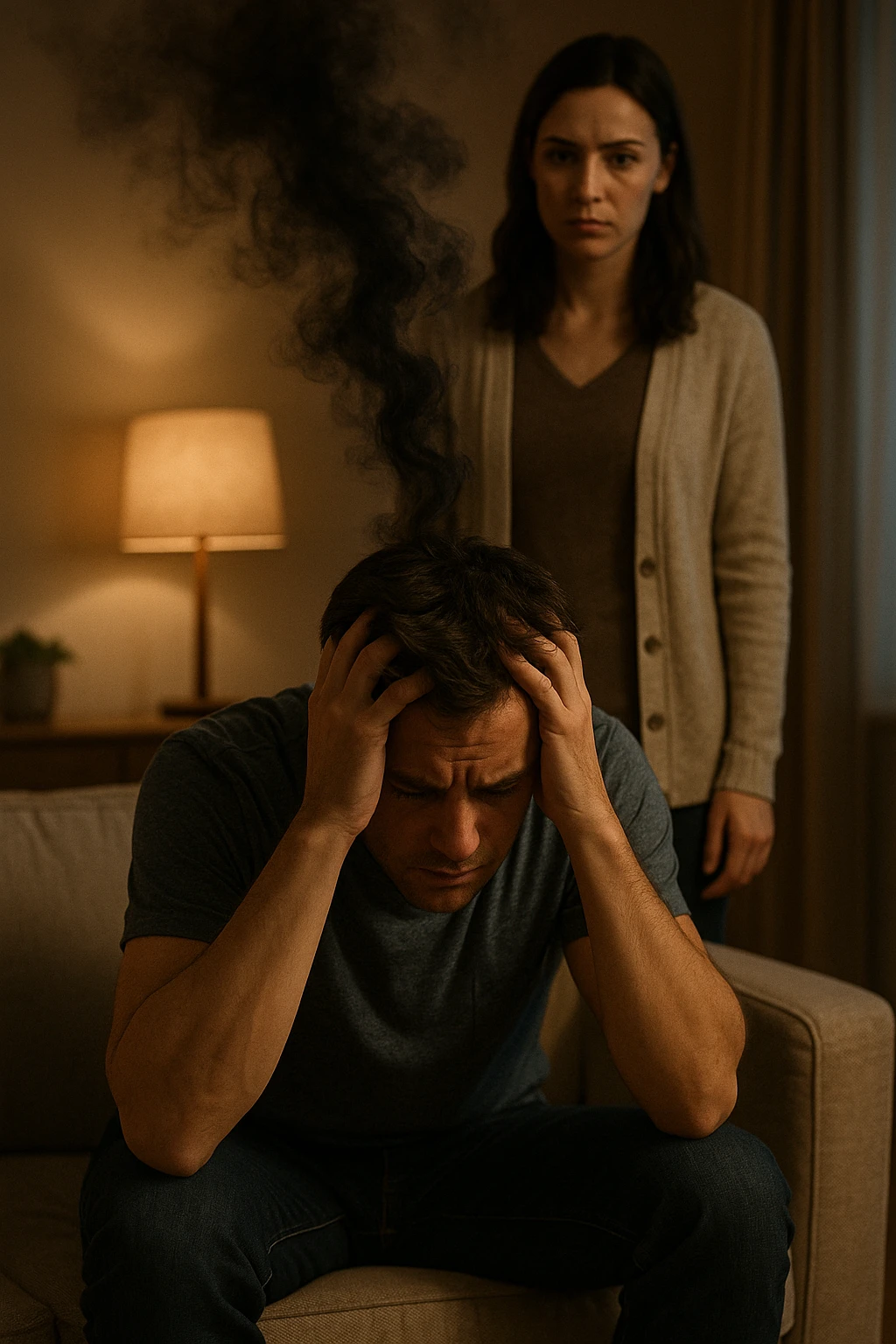 Vertical format: A man sitting with hands in his hair, a woman standing behind him, a visual flow of dark energy passing from him to her, domestic environment. emoji
