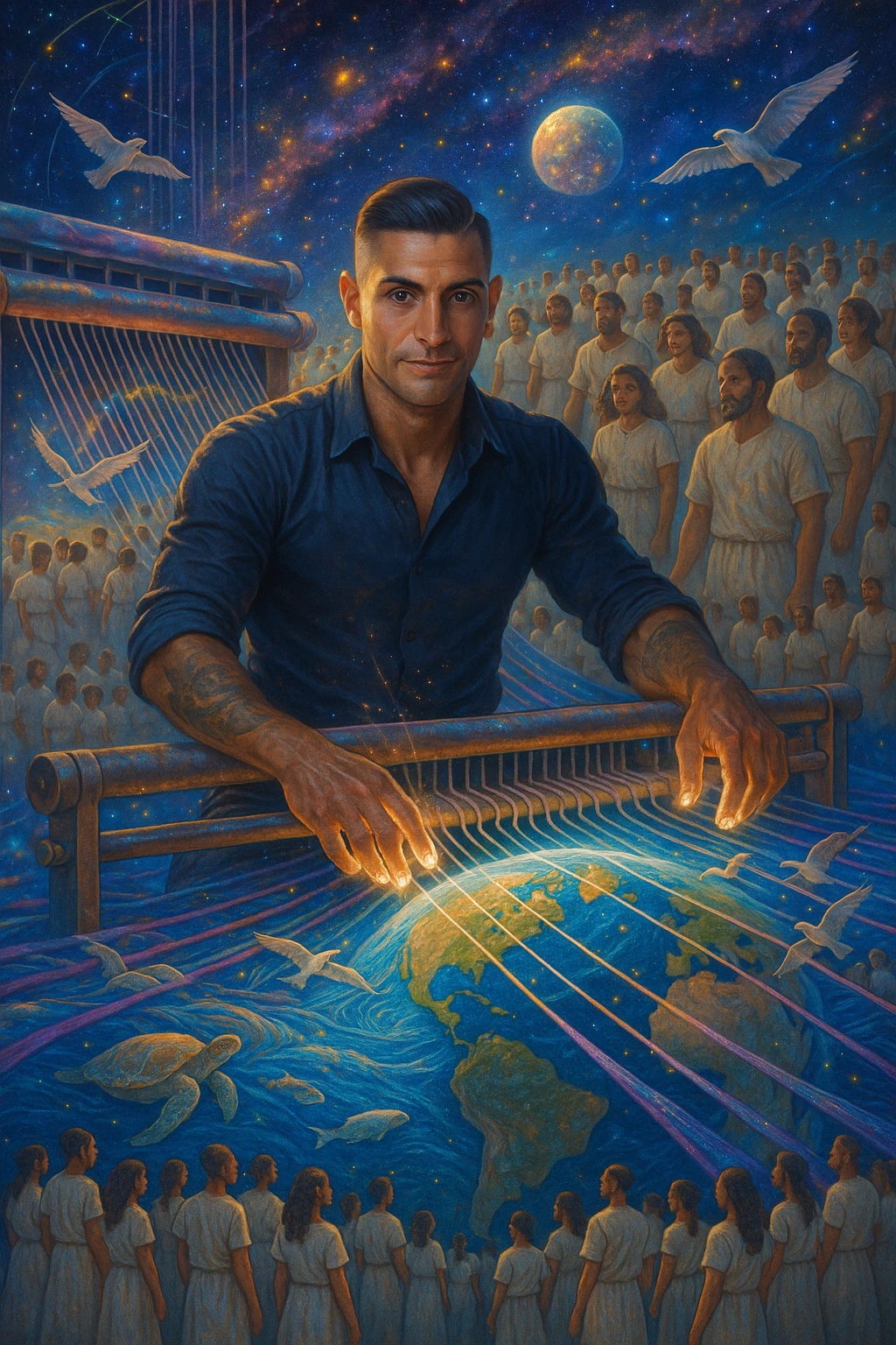 Uomo del 2030 al telaio gigante cosmico che tesse il destino del pianeta con fili di cotone stellare, ogni fibra naturale che intreccia ripara una parte dell'ecosistema terrestre, dita che brillano mentre guidano i fili di cotone attraverso dimensioni parallele, tessuto che si estende dall'atmosfera fino alle profondità marine, creature marine che nuotano attraverso le onde del tessuto acquatico, uccelli che volano seguendo i pattern del tessuto aereo, humanity unita che indossa vestiti di cotone e partecipa alla grande tessitura collettiva della salvezza planetaria emoji