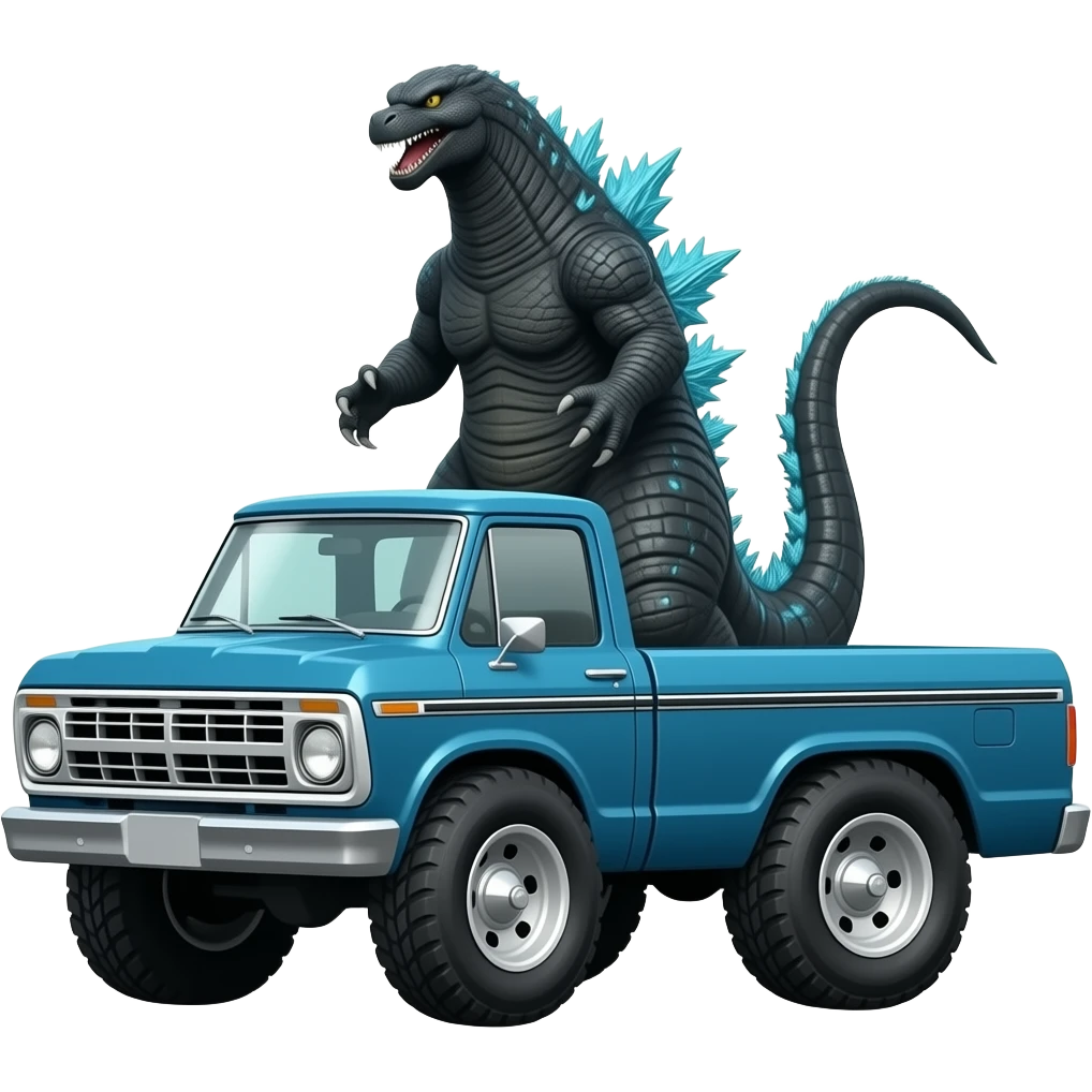 Godzilla behind vintage blue ford bronco emoji