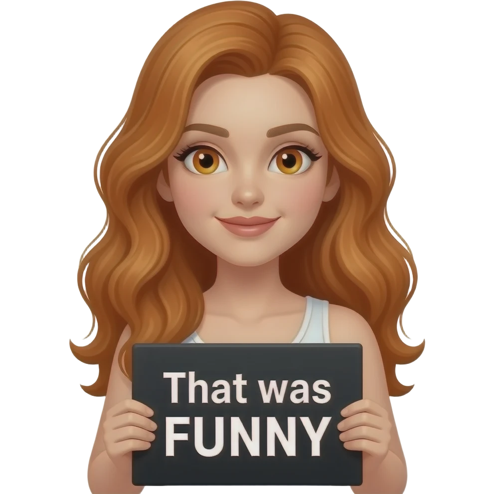 sexy girl with long wavy ginger hair and ginger eyes wearing a white tanktop is holding a black colored sign with That was FUNNY written on it emoji