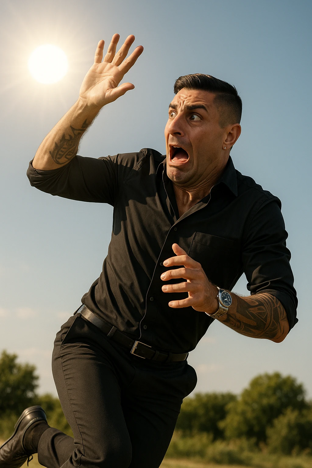 Uomo che corre via dal sole spaventato perchè pensa sia nocivo realistica emoji