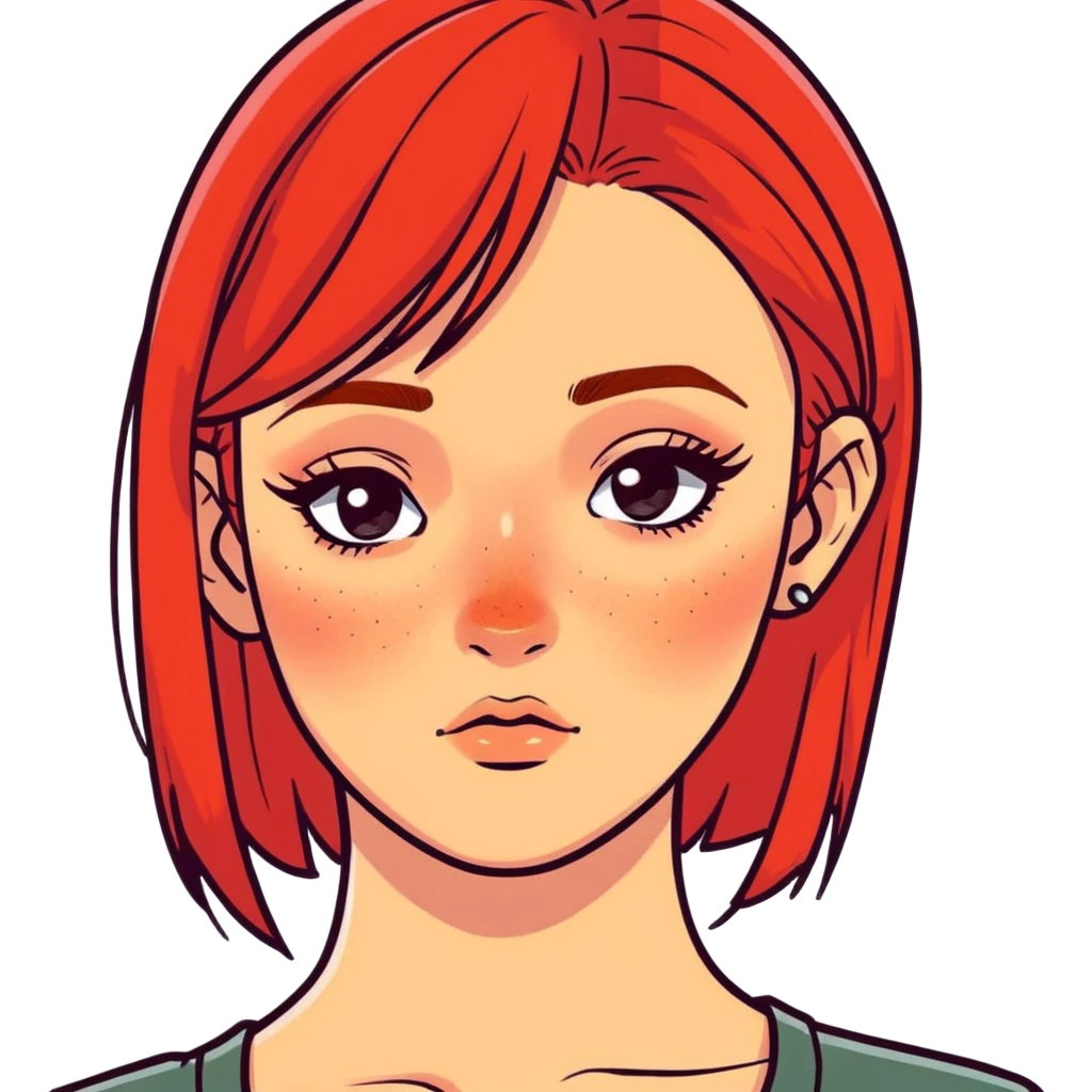 white girl with lashes and red hair with straight hair and side part with freckles two nose piercings and an anti brow emoji