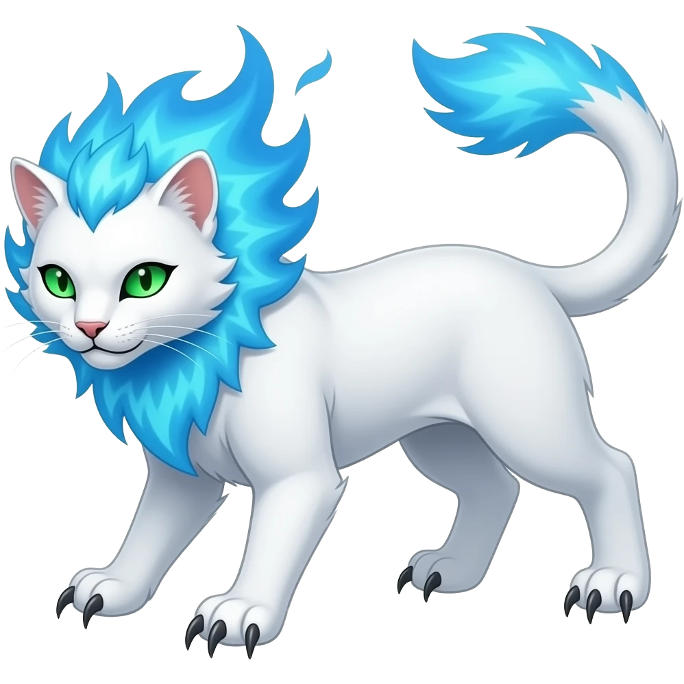 A sleek white feline with a mane of living blue fire, long claws, and green eyes that glow in darkness. It is proud, fast, and fiercely territorial. emoji