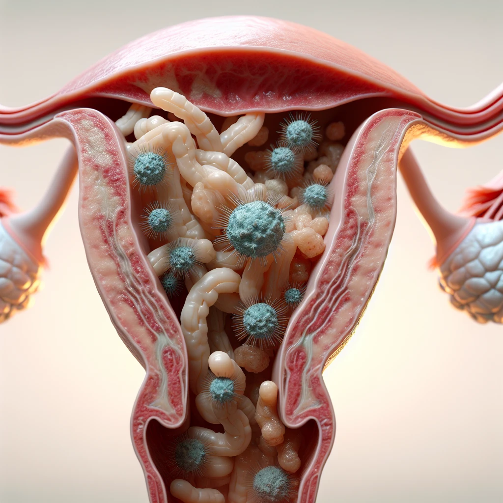 corpo umano anatomico con batteri come la candida nell'utero, sfondo neutro chiaro, iperrealistico 4k emoji