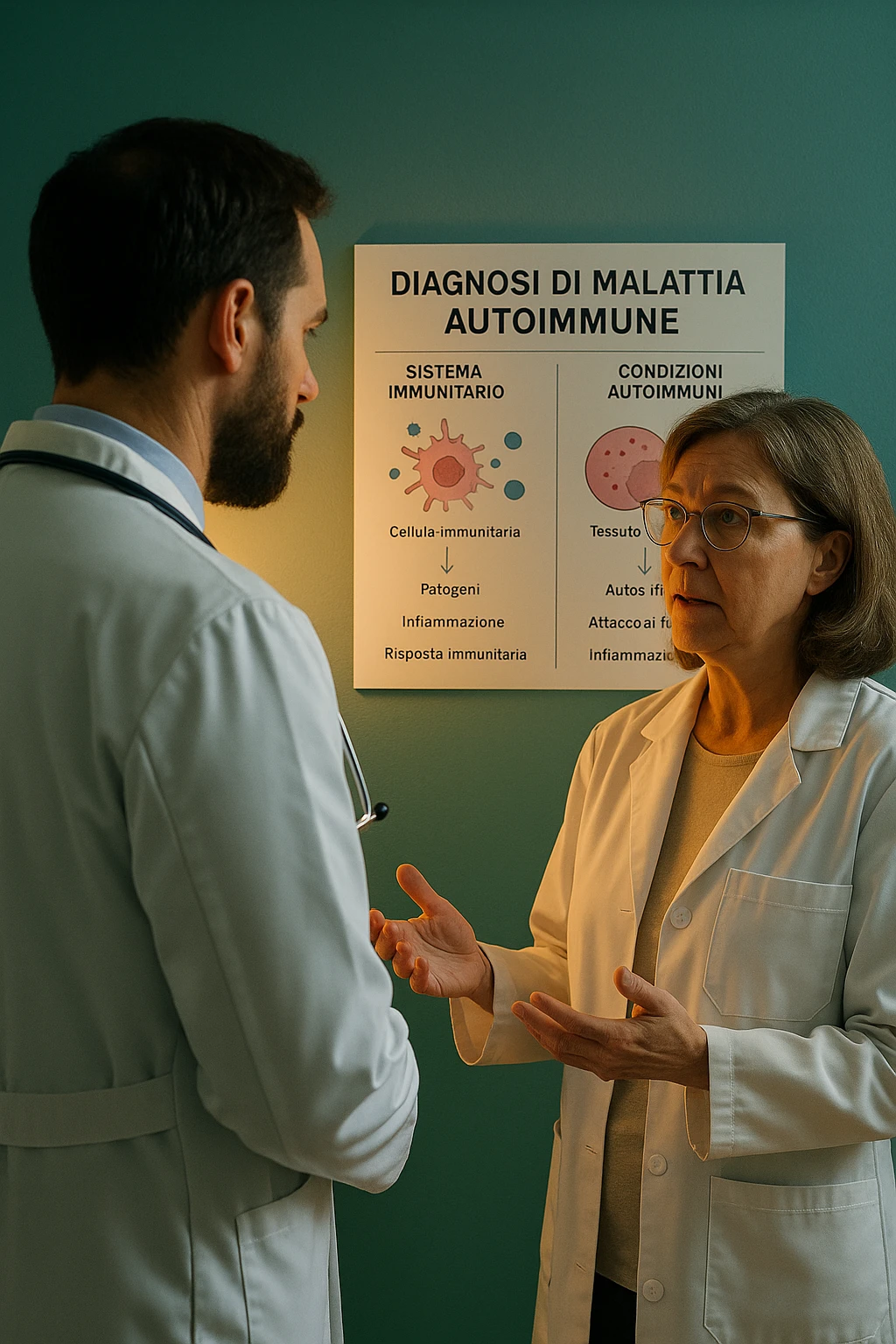 Foto tutta in italiano Realistic, detailed photo taken from behind of one doctor e un paziente —a bearded man and a middle-aged woman—standing and facing each other as they discuss an autoimmune disease diagnosis in front of a medical chart that displays information about the immune system and autoimmune conditions. The scene is illuminated by a yellowish, orange, warm light that softly envelops the doctors. The entire room is bathed in a single green-blue color, creating a cohesive and modern atmosphere. Both doctors wear white coats, and their body language suggests a serious, professional conversation about the complexities of autoimmune diseases. Shot with a Canon EOS R5, with high detail and natural depth of field. scritto in italiano emoji
