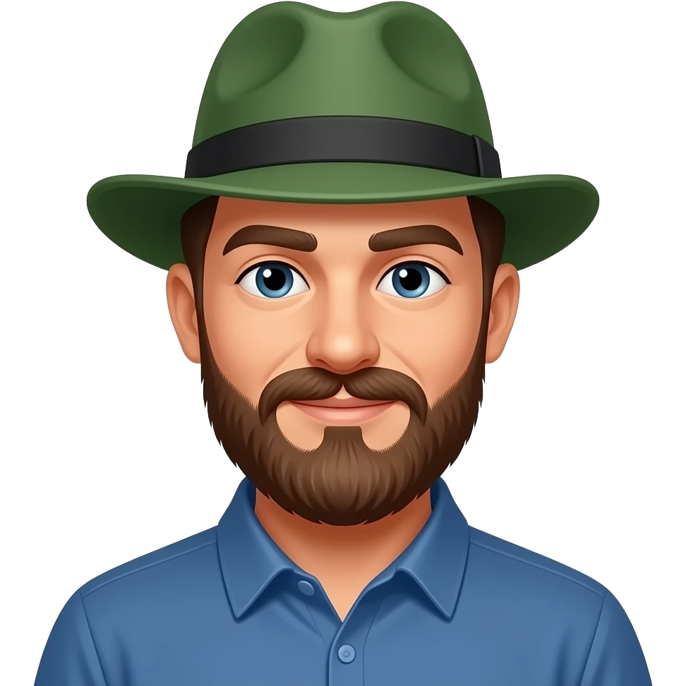 man with beared and wear green hat wear blue shirt emoji