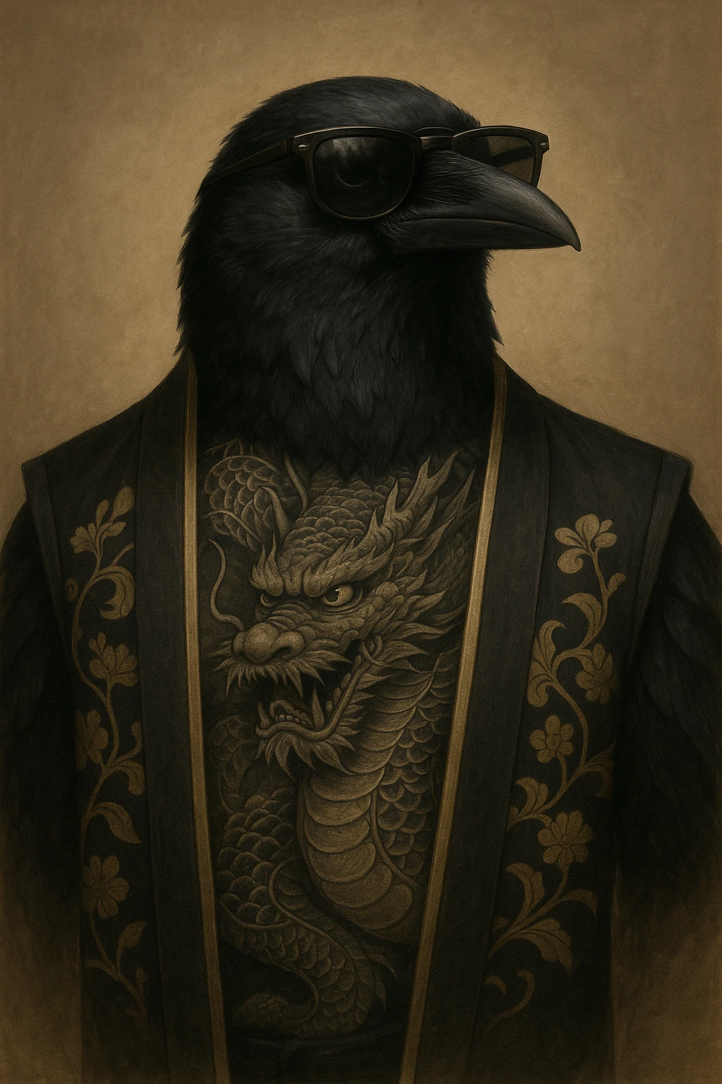 A crow with a dragon tattoo on its chest, wearing sunglasses and a traditional yakuza vest, exuding confidence. emoji