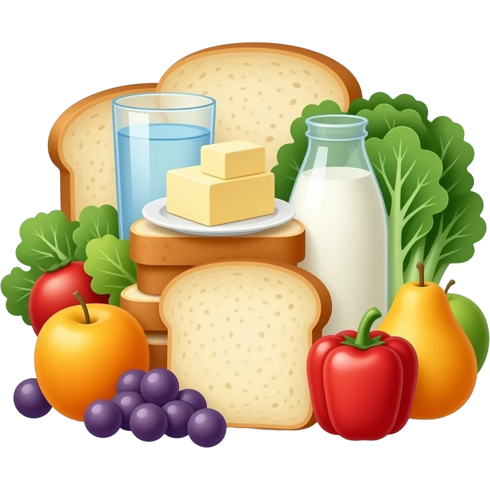 a pile of food items such as bread, butter, water, milk, vegetables, fruits, etc. emoji