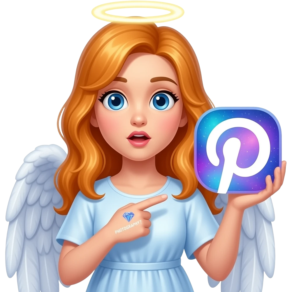 An ethereal blue eyes, glowing amber hair, angel, hand made of starlight holding a crystalline Pinterest logo on the right hand, surprised, pointing at icon. A diamond, shining text: 'PHOTOGRAPHY?' on the bellow left hand. Glowing nebula colors, isolated on white, bold 3D icon emoji