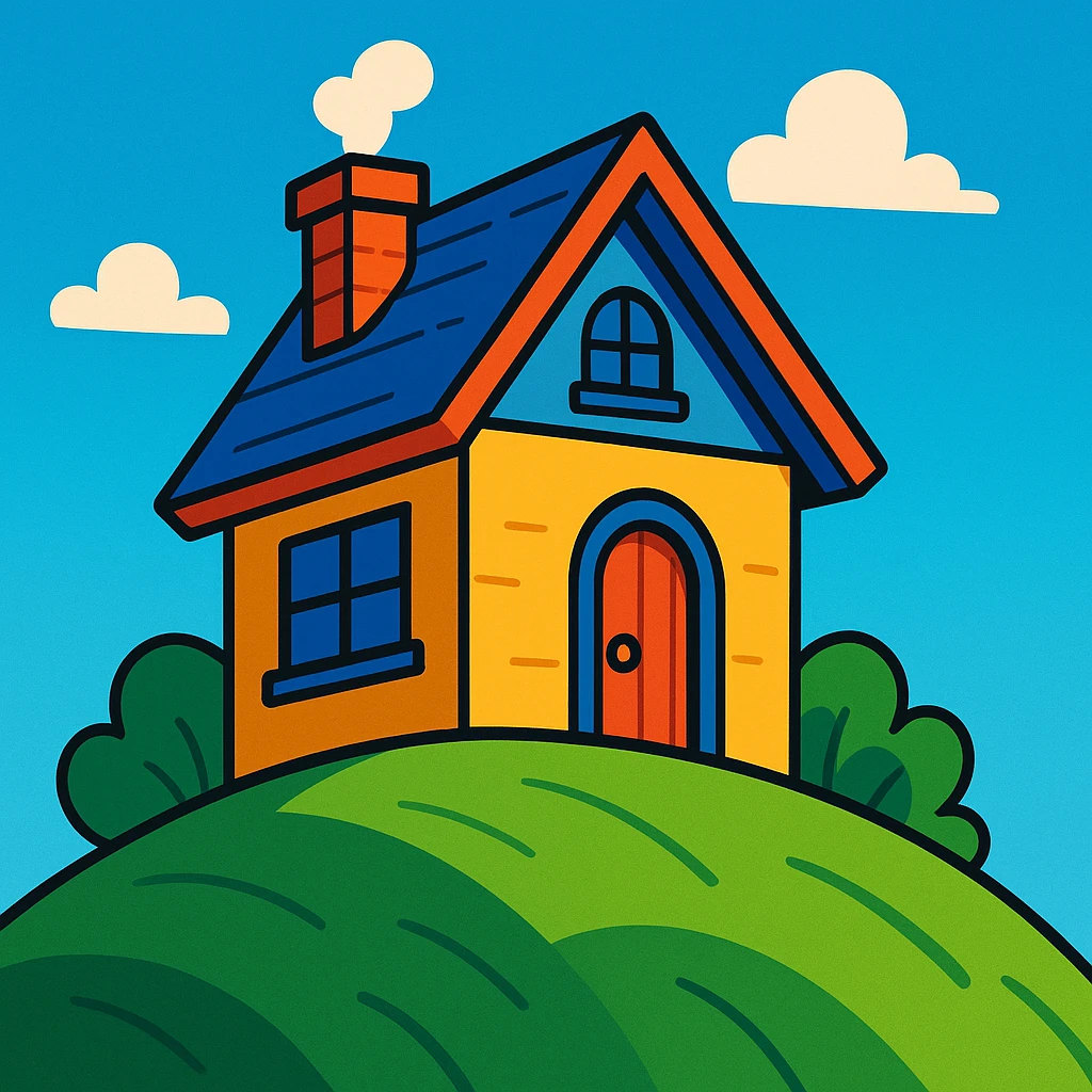 a house on a hill, cozy cartoon style, bright colors, simple shapes, clear sky background emoji
