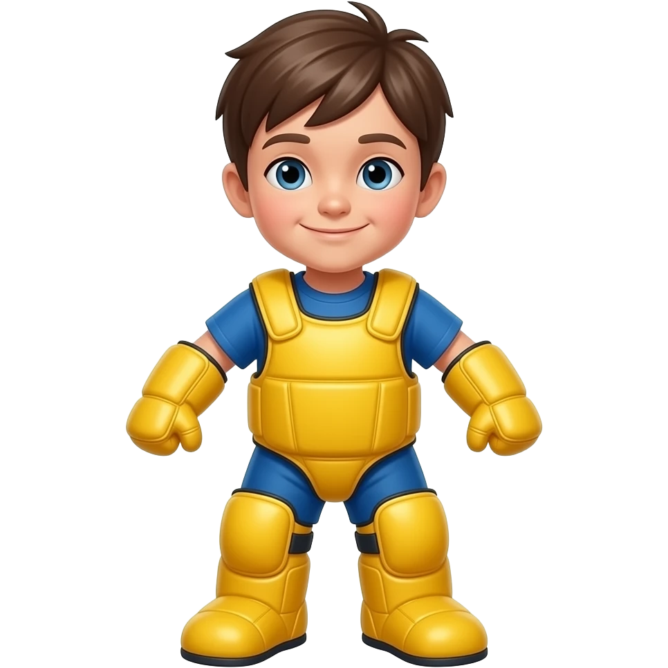 Identical stance, child in yellow pads with arms slightly bent, slight smile, centered composition.

 emoji