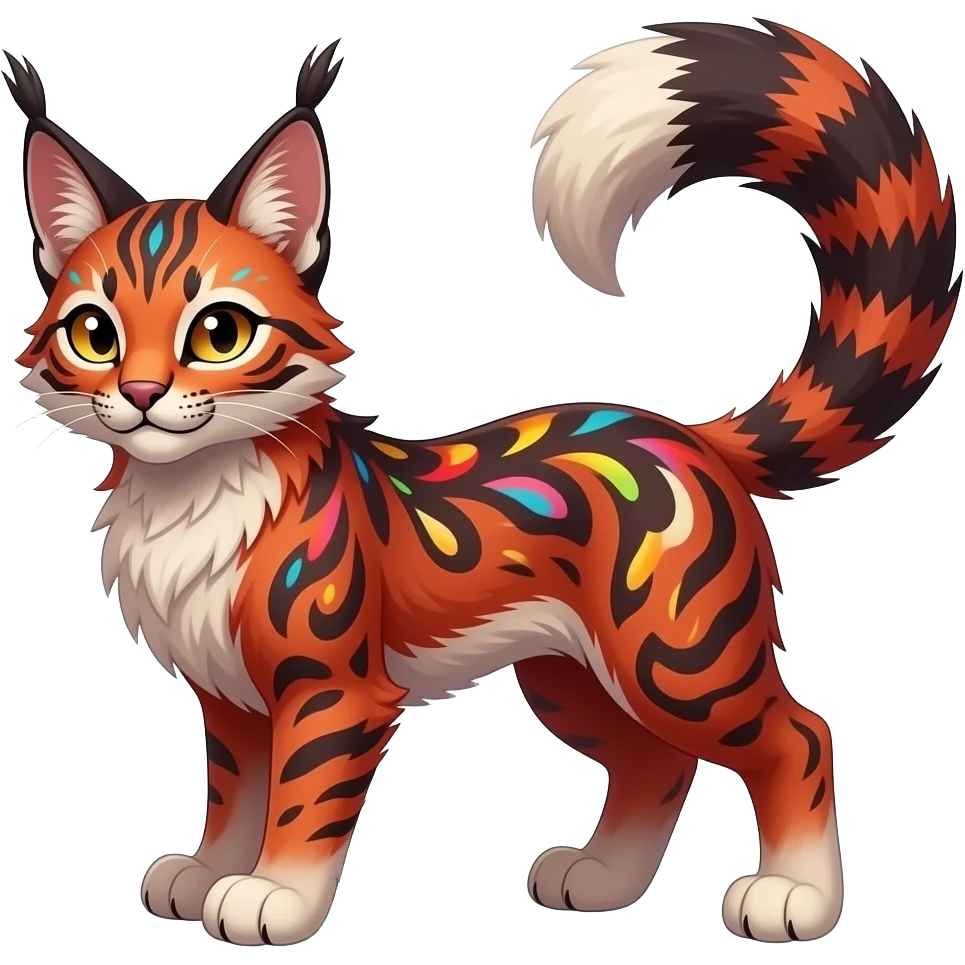 Vibrant-colored red-dark-brownish-furred colorful painted marked patterned Asian glorious divine exotic cute cool beautiful shiny beautiful fantasy-caracal-civet-genet-sergal-vernid-Cacomistle-oncilla-animal-Fakémon-hybrid-fursona (full body) emoji