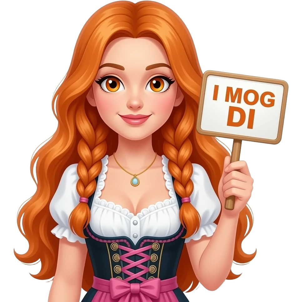 sexy girl with overlong ginger hair in braids and ginger eyes wearing a dirndl holding a I MOG DI sign emoji