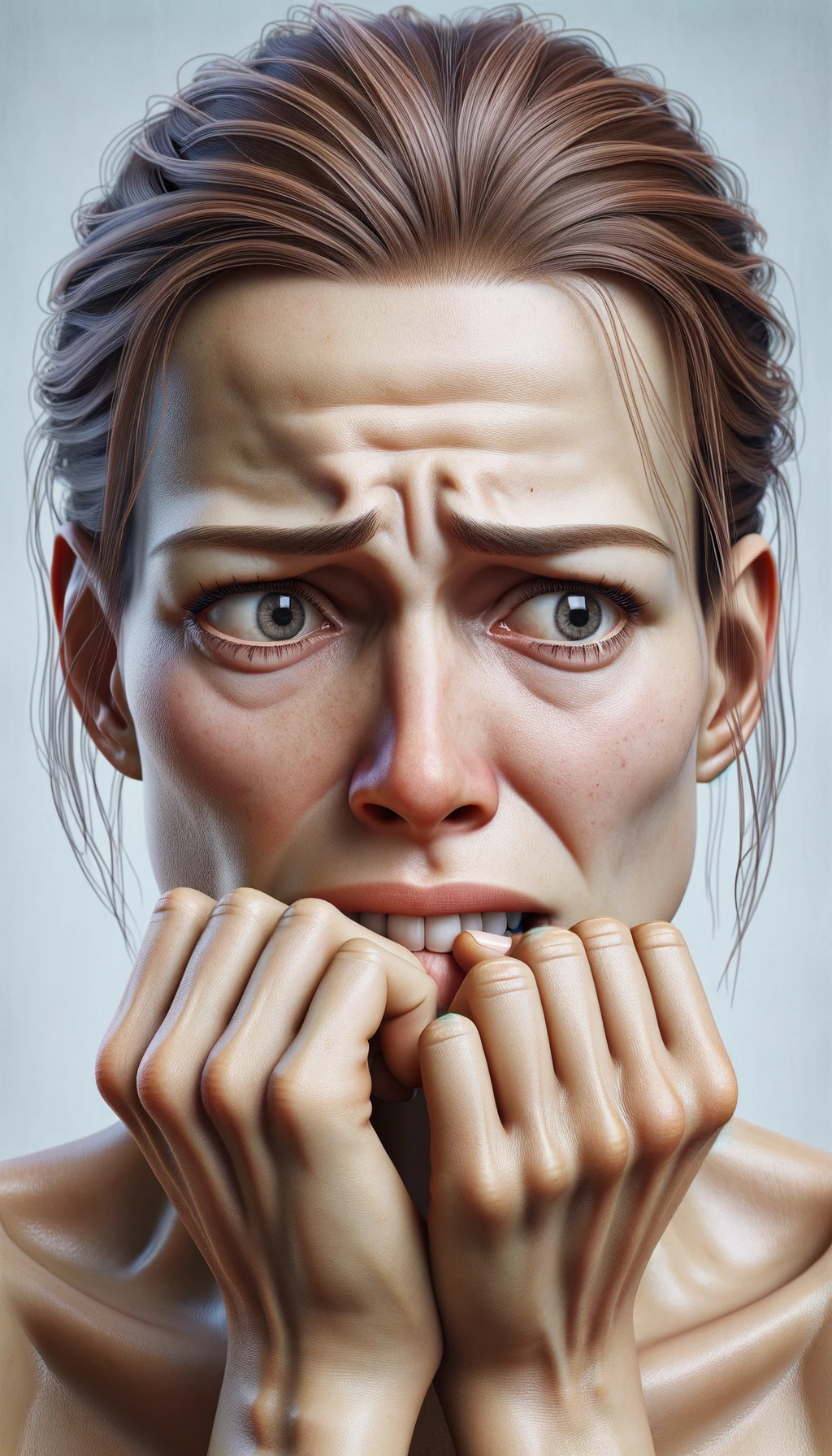 DONNA  che si mangia le unghie per il nervosismo, sfondo chiaro, iperrealistica 4k emoji