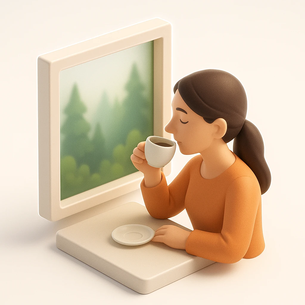 A woman enjoying tea by a window with a forest view emoji