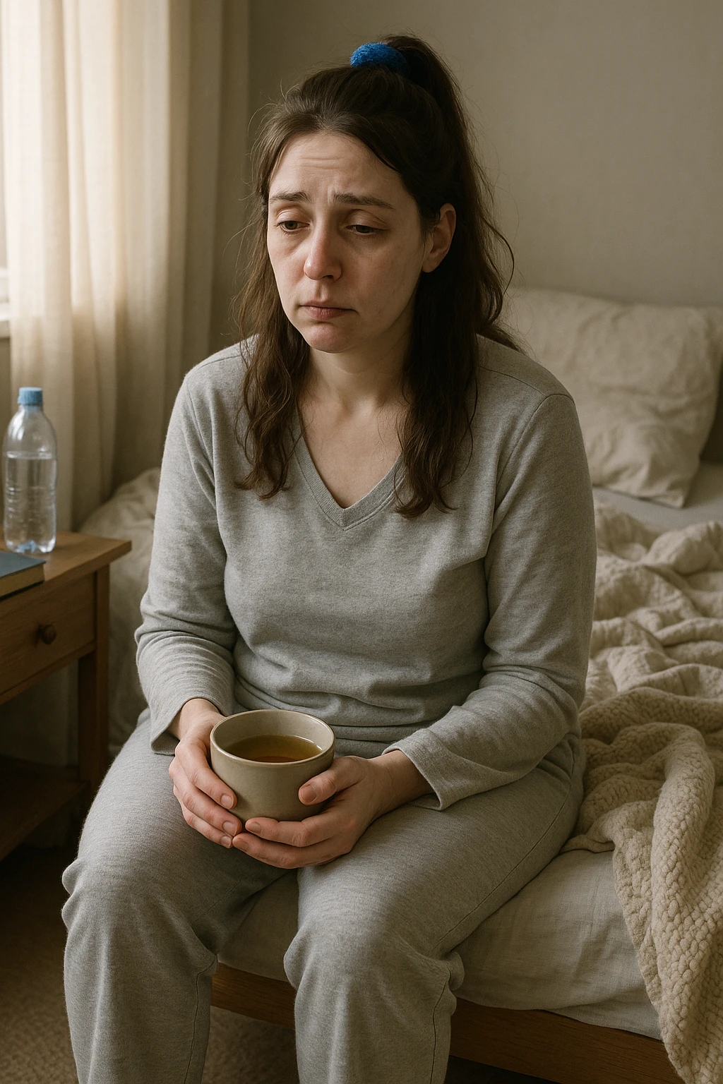 A realistic, cinematic illustration of a woman in her early 30s with a tired, pale appearance, sitting on the edge of her bed in a softly lit bedroom during the morning, looking exhausted and drained. Her posture is slightly slouched, and dark circles are visible under her eyes. She wears comfortable loungewear, holding a warm cup of herbal tea in her hands, seeking comfort. The scene includes a cozy yet slightly messy room with a blanket, a water bottle, and a book on the nightstand, emphasizing chronic fatigue. Soft natural light comes through the window, highlighting her expression of persistent tiredness despite rest, capturing the invisible struggle of chronic fatigue syndrome while maintaining dignity and a gentle aesthetic. emoji