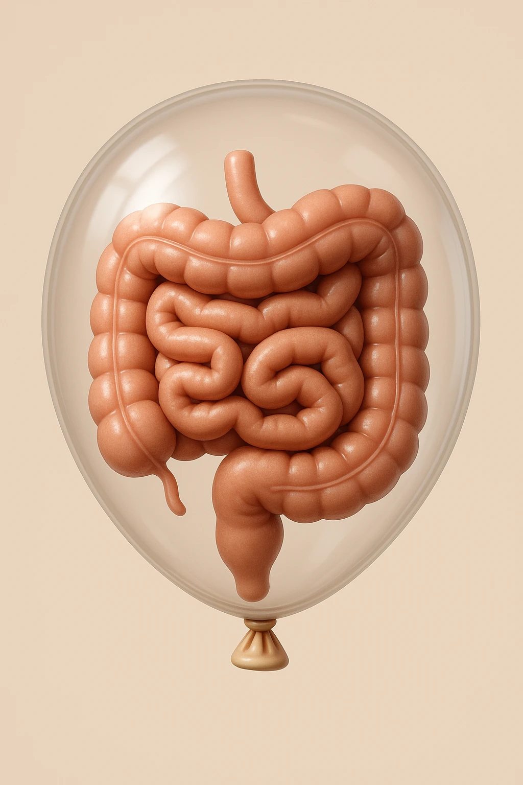 EMOJI STILE IPHONE 3D DI UN INTESTINO CHIUSO IN UN PALLONCINO CHE SIMBOLEGGIA GONFIORE, IPERREALISTICA 4K emoji