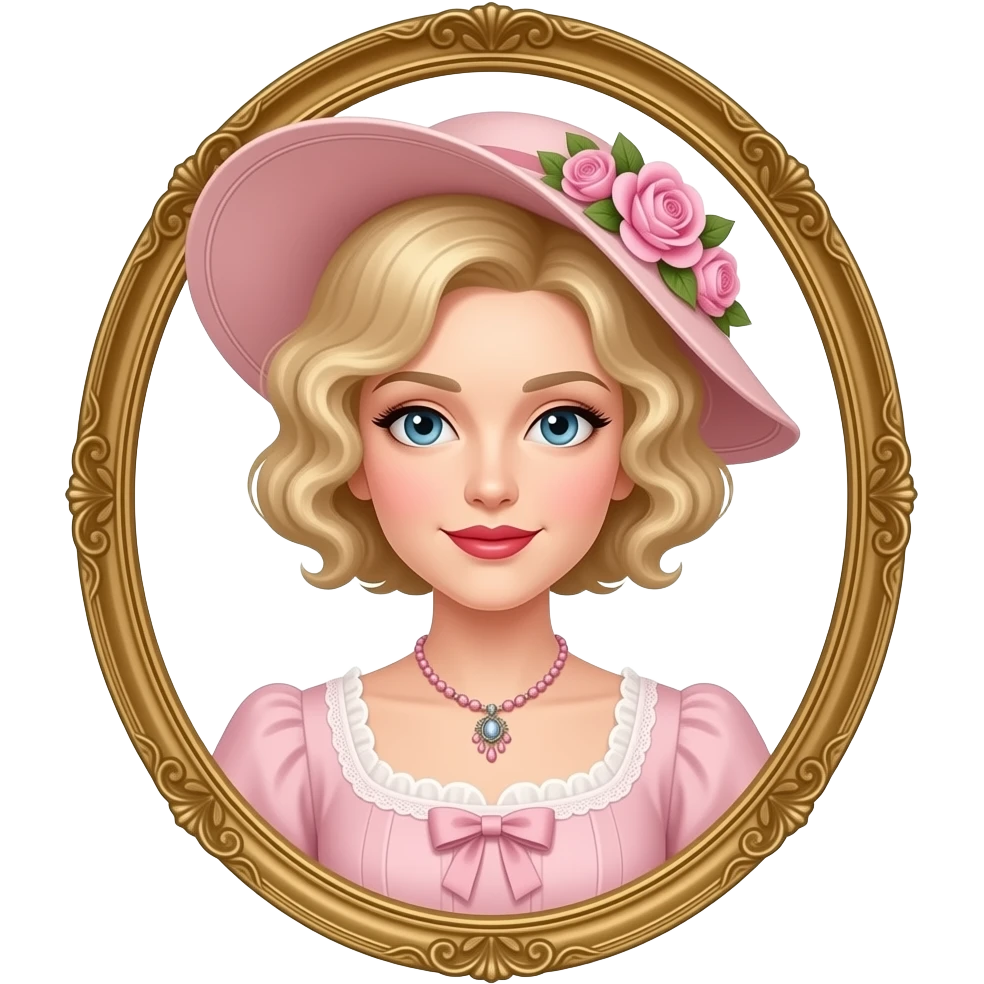 Victorian look with blonde short tight curls bob hair side swept in a light pink Victorian dress, antique pink flowers necklace and light pink Victorian hat with flowers, red lipstick and antique gold frame emoji