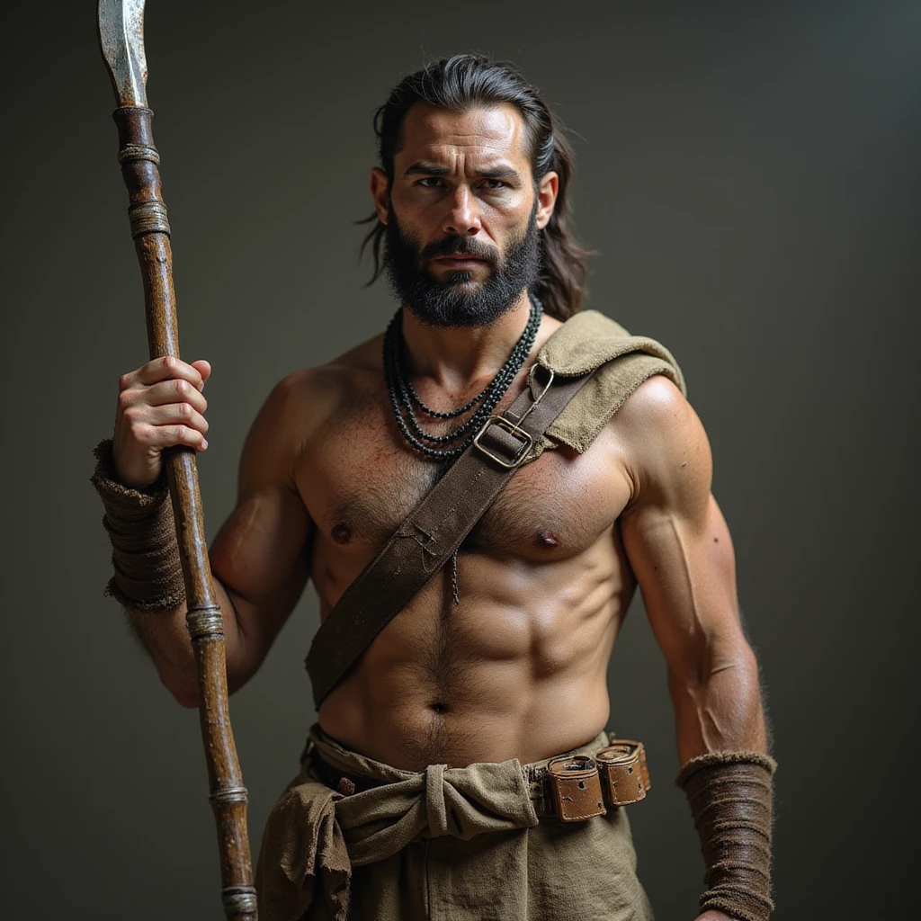prehistoric hunter holding a primitive weapon, realistic details, photorealistic style emoji